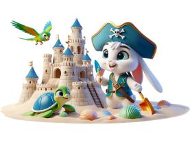 Stickers Muraux Enfants - Lapin Pirate et Tortue Marine au Château de Sable