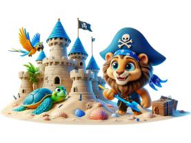 Vinilos Decorativos Infantiles - León Pirata y el Gran Castillo de Arena Dorada
