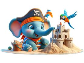 Stickers Muraux Enfants - Château de Sable avec Éléphant Pirate Bleu