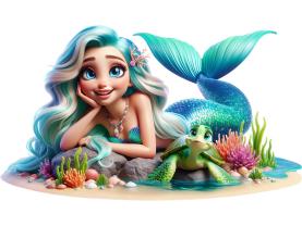 Autocolantes de Parede Infantil - Sereia Turquesa com Tartaruga Marinha