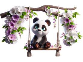 Autocolantes de Parede Infantil - Pequeno Panda no Baloiço Florido