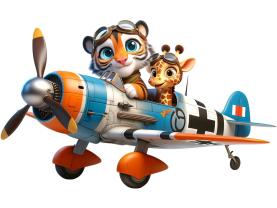 Stickers Muraux Enfants - Avion Rétro avec Tigre et Girafe