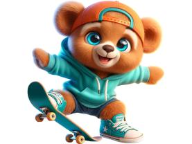 Kinder-Wandsticker - Lächelnder Teddybär auf Skateboard