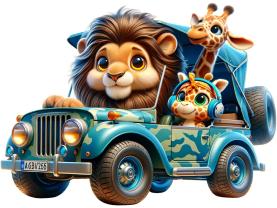 Stickers Muraux Enfants - Animaux de la Jungle dans un Buggy Camouflé