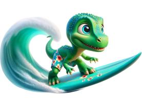Kinder-Wandsticker - Kleiner Grüner Dinosaurier auf dem Surfbrett