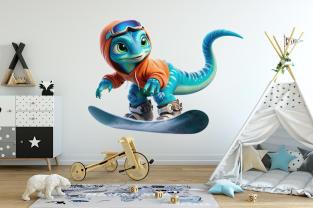 Blauer Dinosaurier auf dem Snowboard