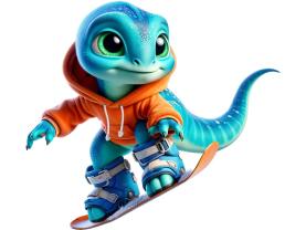 Barn Veggklistremerker - Liten Blå Dinosaur på Snowboard