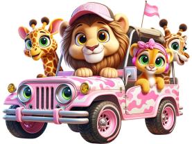 Kids Wall Stickers - Jungle Animals in a Pink Buggy