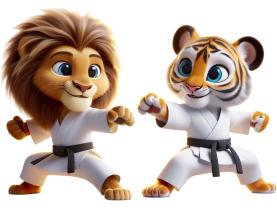 Kinder-Wandsticker - Löwe und Tiger trainieren Karatebewegungen