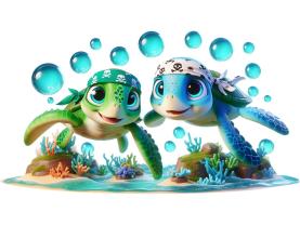 Vinilos Decorativos Infantiles - Tortugas Marinas Verde y Azul con Pañuelos