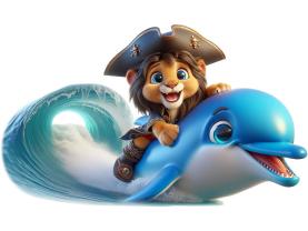 Kids Wall Stickers - Dolphin and Little Pirate Lion Surfing the Wave
