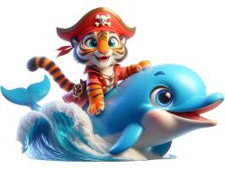 Kids Wall Stickers - Dolphin and Pirate Tiger Surfing the Wave