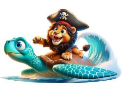 Kids Wall Stickers - Lion Surfing a Wave with a Sea Turtle