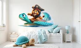 Leeuw die op een Zeegolf Surft met een Zeeschildpad