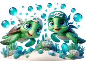 Stickers Muraux Enfants - Adorables Tortues Marines avec Bandanas de Pirate
