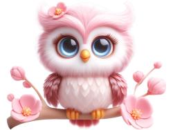 Kids Wall Stickers - Pink Owl on a Branch with Flowers