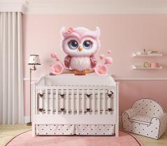 Adesivi Murali per Bambini - Gufo Rosa su un Ramo con Fiori