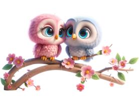 Kids Wall Stickers - Pink and Blue Owlets on a Flowering Branch