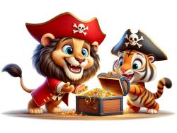 Kids Wall Stickers - Lion and Tiger and the Pirate Treasure Chest