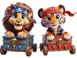 Kids Wall Stickers - Lion and Tiger in a Pirate Car Race
