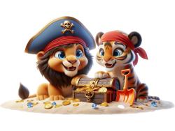 Kids Wall Stickers - Tiger and Lion and the Treasure Chest