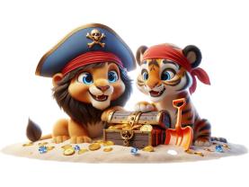 Vinilos Decorativos Infantiles - Tigre y León y el Cofre del Tesoro