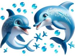 Kids Wall Stickers - Two Dolphins, Starfish and Blue Bubbles