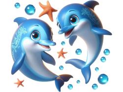 Kids Wall Stickers - Two Dolphins, Starfish and Blue Bubbles