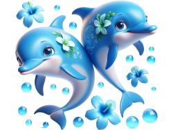 Kids Wall Stickers - Dolphins with Blue Hibiscus Flowers