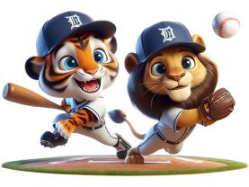 Stickers Muraux Enfants - Lion et Tigre en Train de Jouer au Baseball