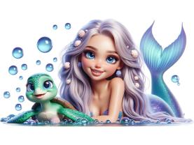 Kids Wall Stickers - Charming Mermaid with Turquoise Tail and Sea Turtle