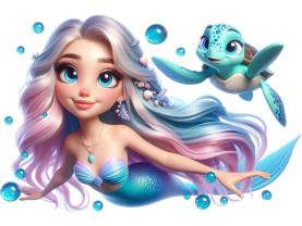 Vinilos Decorativos Infantiles - Adorable Sirenita Nadando con una Tortuga Marina