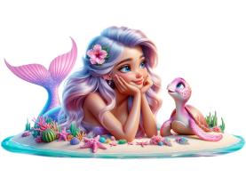 Kids Wall Stickers - Adorable Tropical Mermaid by the Seashore with a Pink Turtle