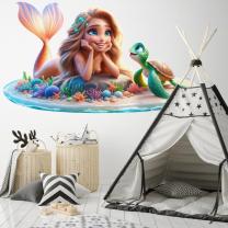 Vinilos Decorativos Infantiles - Sirena Dorada y Tortuga Marina en la Playa Paradisíaca
