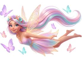 Kids Wall Stickers - Adorable Fairy with Golden Wings and Butterflies