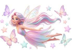 Kids Wall Stickers - Fairy with Golden Wings, Butterflies and Stars