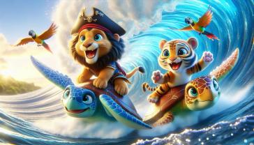 Murais de Parede Quarto Infantil - Leão e Tigre Surfam com Tartarugas Marinhas