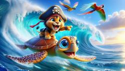 Murais de Parede Quarto Infantil - Leão Pirata Surfando com Tartaruga Marinha