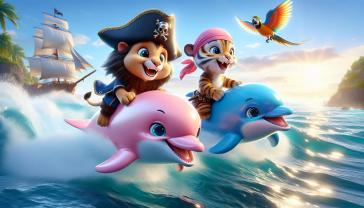 Murais de Parede Quarto Infantil - Aventura Pirata com Golfinho Cor-de-Rosa
