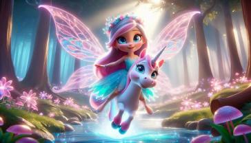 Fotomurali per Cameretta Bambini - Fata e Unicorno Bianco nel Bosco Magico