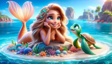 Fotomurali per Cameretta Bambini - Sirena Dorata e Tartaruga Marina sulla Spiaggia Paradisiaca