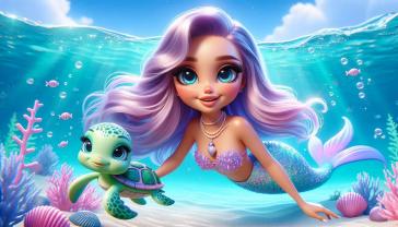 Murais de Parede Quarto Infantil - Sereia Lilás e Tartaruga Marinha