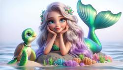 Kids' Room Wall Murals - Mermaid and Sea Turtle on the Coral Island