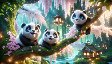 Fototapet Barnerom - Kirsebærtre med Pandaer