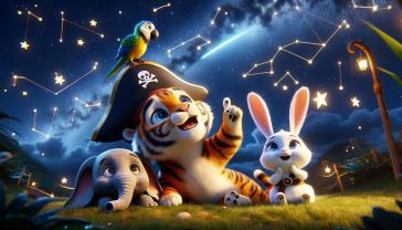 Papier Peint Chambre Enfant - Tigre, Lapin et Éléphant Contemplant Étoiles