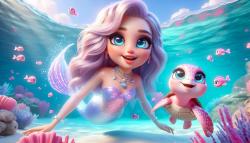 Kids' Room Wall Murals - Sweet Mermaid and the Pink Sea Turtle