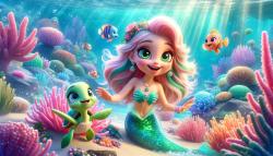 Kids' Room Wall Murals - Sweet Mermaid and the Green Sea Turtle