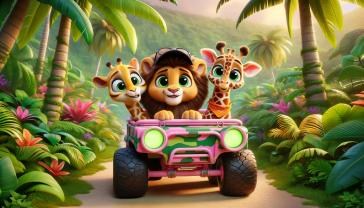 Fotomurali per Cameretta Bambini - Animali della Giungla nel Buggy Rosa