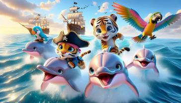 Murais de Parede Quarto Infantil - Golfinhos e Piratinhas no Oceano Azul