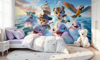 Murais de Parede Quarto Infantil - Golfinhos e Piratinhas no Oceano Azul